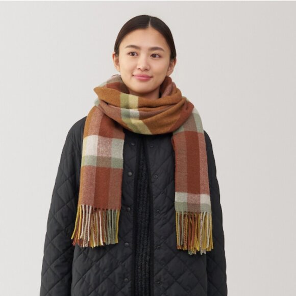 MUJI Wool Stole Scarf in Brick Check Plaid - Picture 1 of 4